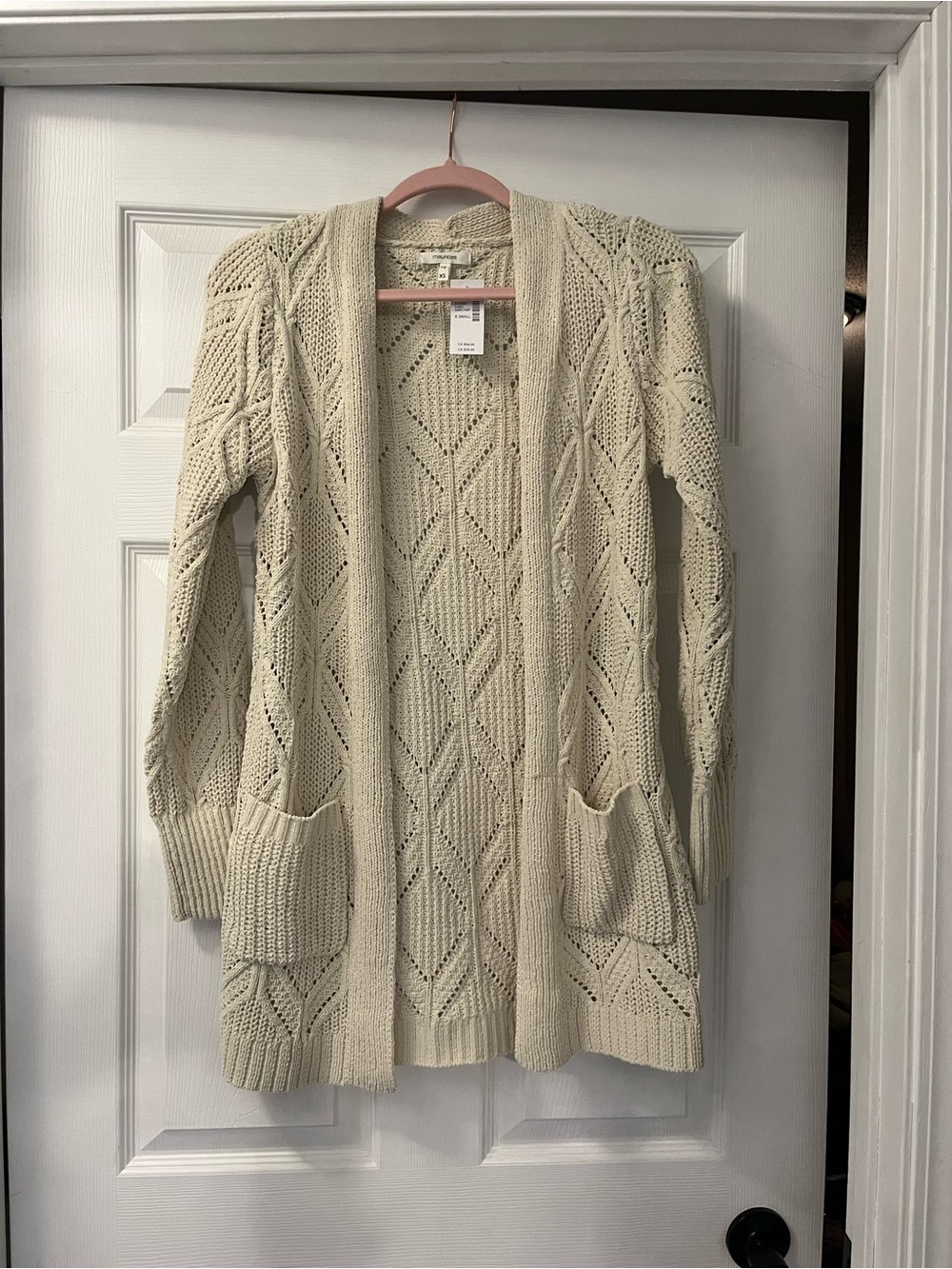 Maurices Cream Open-Front Knit Pocket Cardigan